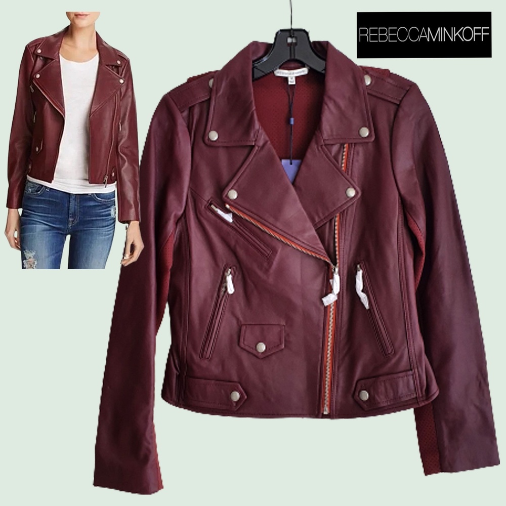 Rebecca Minkoff WES Moto Jacket M Merlot Burgundy Lambskin Leather NWT